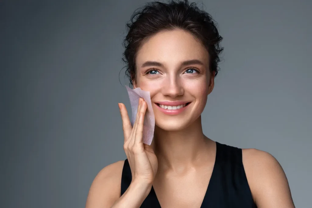 Woman holding facial pad against cheek while smiling at camera