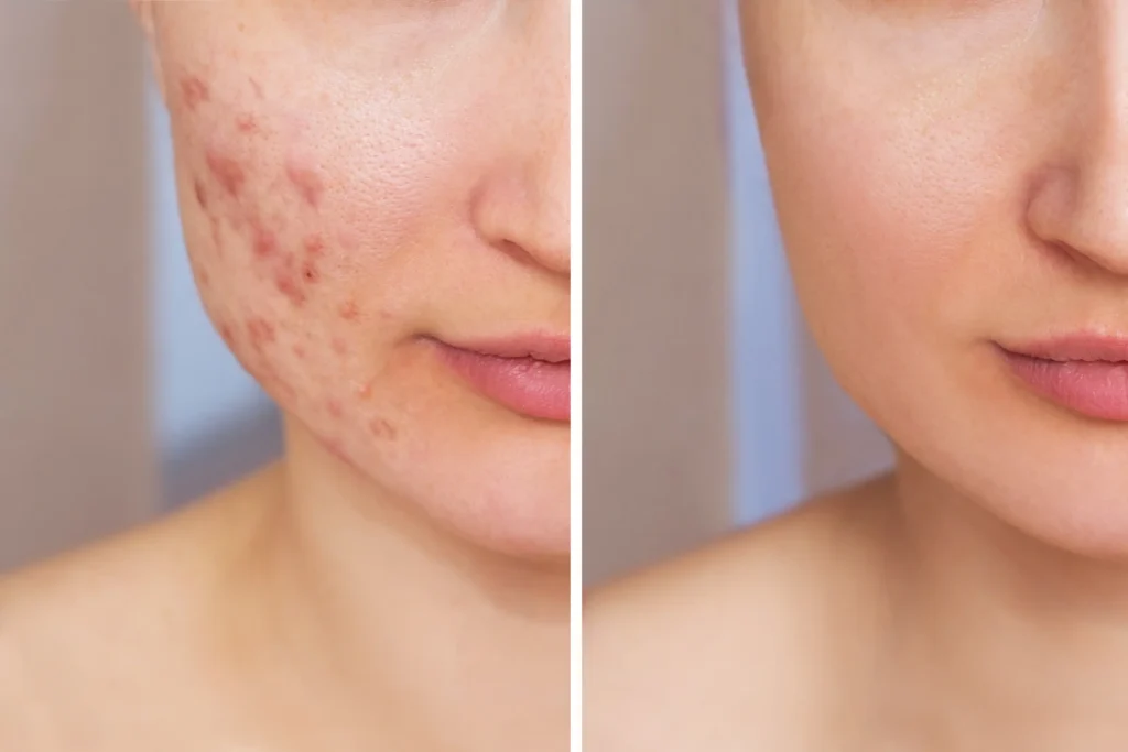 Left and right cheek images showing visible acne lesions on the left and smoother skin texture on the right.